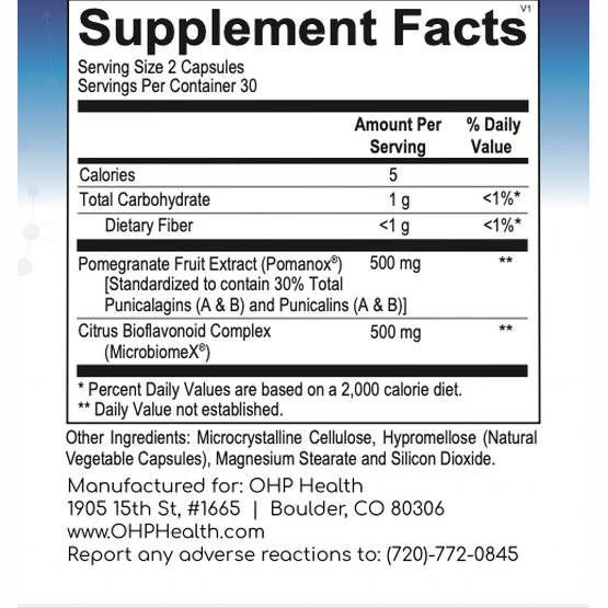 The Supplement Facts label for Butyrate Boost by OHP Health highlights 500 mg of Pomegranate Fruit Extract and 500 mg of Citrus Bioflavonoid Complex per serving, formulated to support gut health. For more information, contact OHP Health in Boulder, CO.