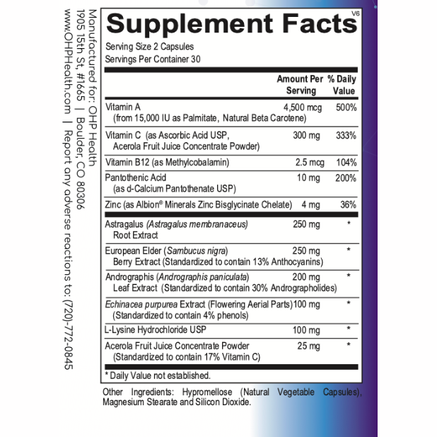 The supplement facts label for ViraBoost by OHP Health provides detailed nutritional information, highlighting immune-enhancing nutrients per serving of 2 capsules. It includes vitamins A, C, D, and zinc to support the immune system, along with herbal extracts like astragalus and elderberry.