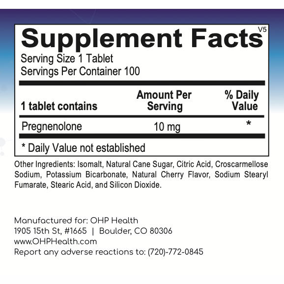 Supplement facts label for Pregnenolone | 10mg Scored tablets, supporting hormonal balance and cognitive function, containing 100 tablets per bottle. Includes other ingredients and contact information for OHP Health in Boulder, CO.