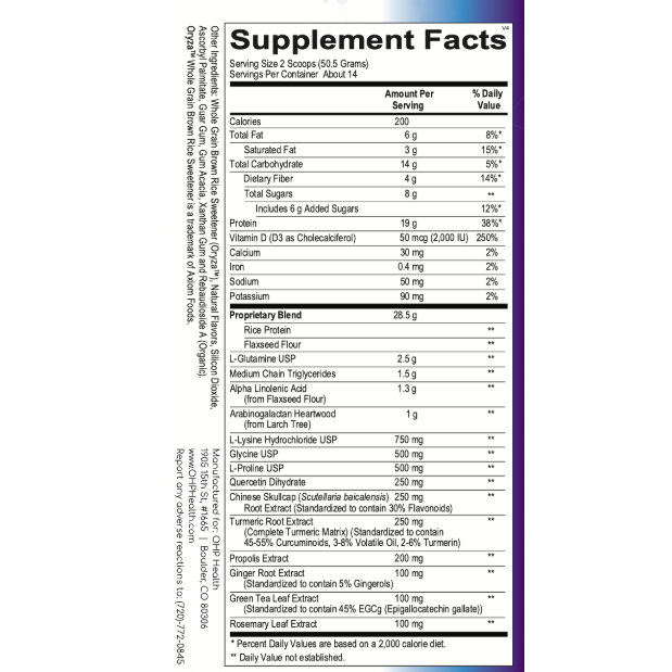 The supplement facts label for OHP Health’s Everyday Immunity shows nutritional information, ingredients, and amounts per serving to support immune function and inflammatory balance. It features details on calories, vitamins, minerals, and the proprietary blend for optimal antioxidant protection.