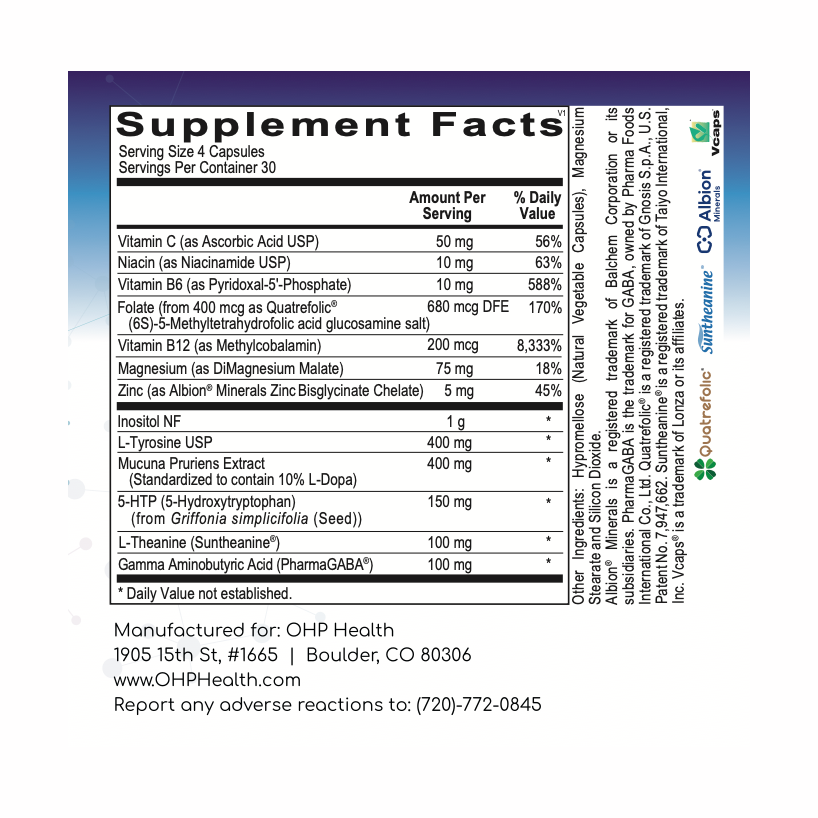The supplement facts label for Mood Manager by OHP Health provides information on ingredients, serving size, and daily values for this dietary supplement. It contains vitamins, minerals, amino acid precursors crucial for neurotransmitter production, and other compounds tailored to deliver comprehensive mood support.