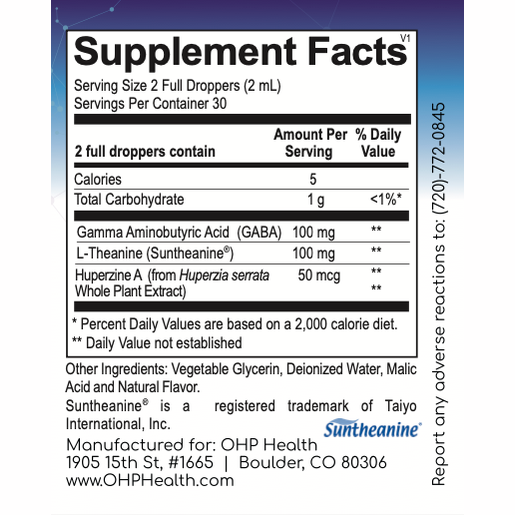 Supplement facts label for BeCalm by OHP Health, featuring its blend of L-Theanine for calmness and relaxation, along with Gamma Aminobutyric Acid and Huperzine A to support cognitive performance.