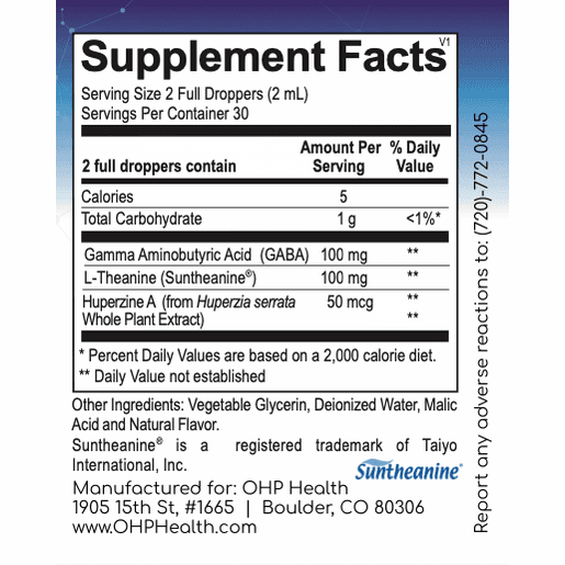 Supplement facts label for BeCalm by OHP Health, featuring its blend of L-Theanine for calmness and relaxation, along with Gamma Aminobutyric Acid and Huperzine A to support cognitive performance.