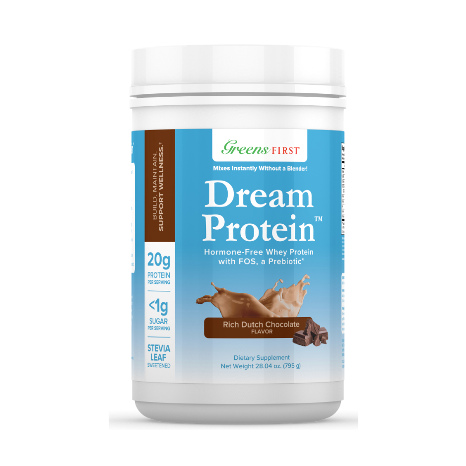 A container of GreensFirst Dream Protein by Greens First, featuring hormone-free whey protein isolate in Rich Dutch Chocolate flavor. It provides 20g of protein per serving with less than 1g sugar and is sweetened with Stevia leaf. Net weight: 24 oz (680 g).