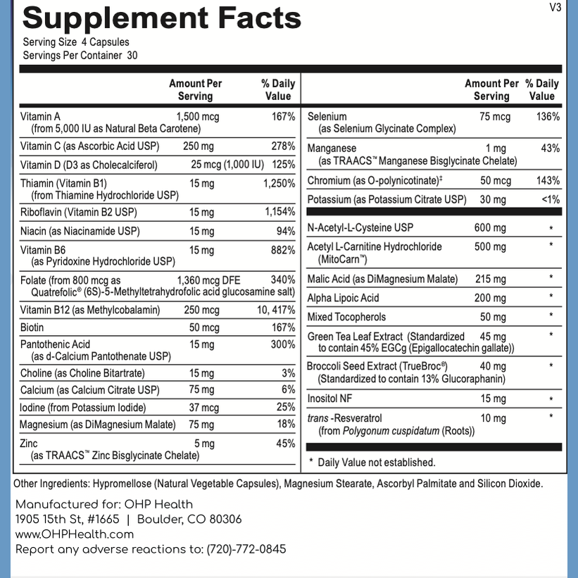 Explore the supplement facts label for OHP Health's VitalCell capsules, which provides detailed information about the vitamin and mineral content per serving. It includes amounts and daily values for vitamins A through K, essential micronutrients, minerals, amino acids, and proprietary blends designed to enhance antioxidant levels and support cellular energy production.
