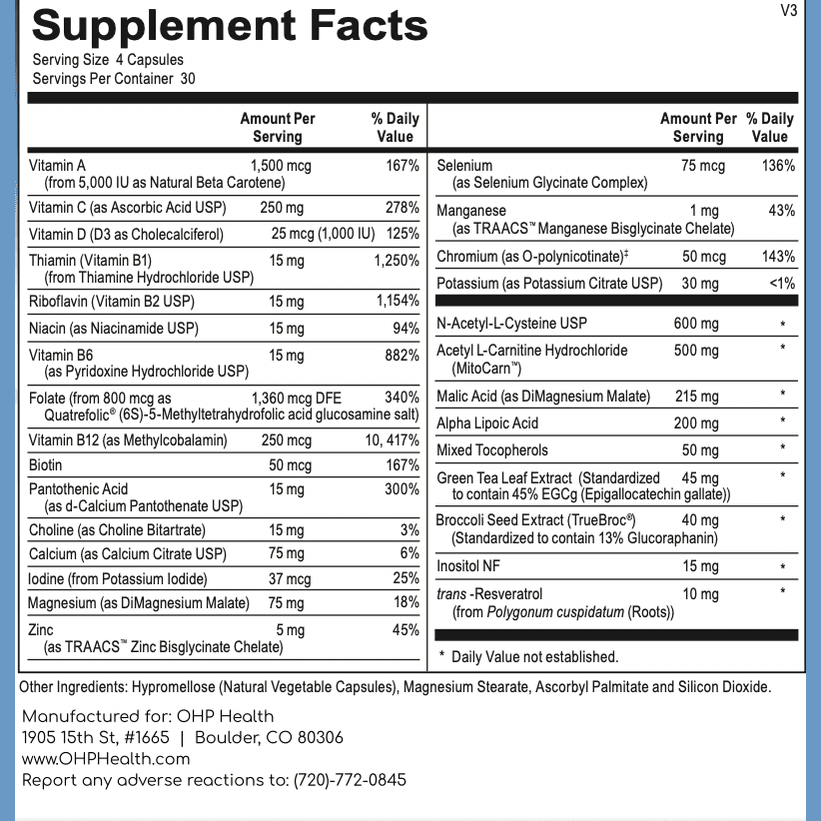 Explore the supplement facts label for OHP Health's VitalCell capsules, which provides detailed information about the vitamin and mineral content per serving. It includes amounts and daily values for vitamins A through K, essential micronutrients, minerals, amino acids, and proprietary blends designed to enhance antioxidant levels and support cellular energy production.