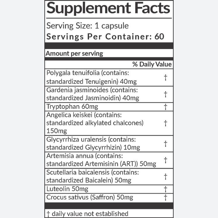 The Supplement Facts label on the Panaxea Aviilx Long 60 count includes botanical compounds like Polygala tenuifolia, Gardenia jasminoides, and tryptophan. The amounts per serving for these ingredients are specified, though daily values have not been determined.
