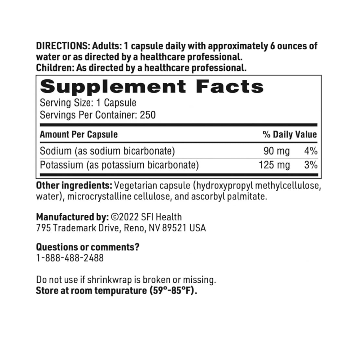 The label for Klaire Labs' Bicarb Formula, containing 250 capsules, provides supplement facts highlighting its key function in maintaining acid/base balance due to its sodium and potassium bicarbonate content. It also includes dietary information, contact details, usage directions, and storage instructions.