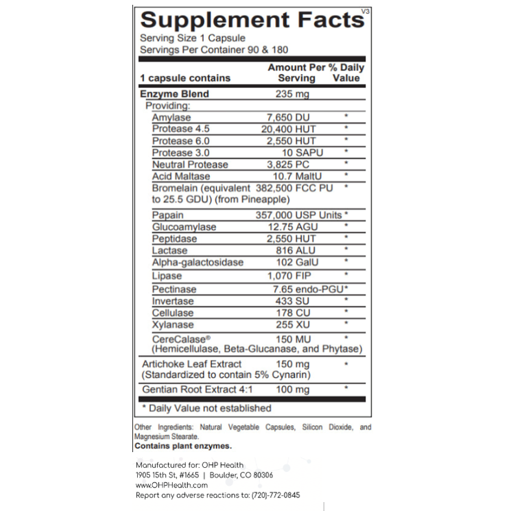 Supplement facts label for OHP Health's EnzymePro, a dietary supplement in 90-capsule form. It features plant-based enzymes such as bromelain and protease, along with artichoke leaf and ginger root extract, designed to enhance nutrient absorption and support individuals with food sensitivities.