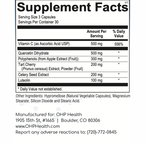 Supplement Facts label listing ingredients and serving sizes for Uric Acid Balance, a dietary supplement by OHP Health formulated to support healthy liver enzymes and purine metabolism. Manufacturer based in Boulder, CO. For any adverse reactions, please contact the provided number.