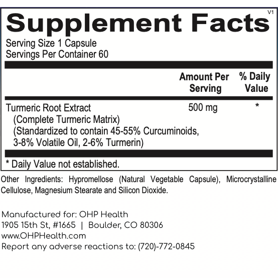 The image shows the supplement facts label for OHP Health's Complete Turmeric capsules, which are designed to support immune function and help maintain inflammatory balance. Each serving provides 500 mg of turmeric and includes additional ingredients such as hypromellose and silicon dioxide.