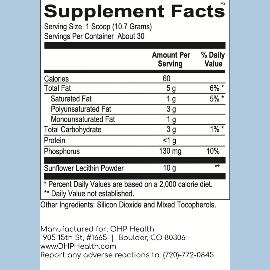 Label displaying nutritional information for a 10.7g scoop of OHP Health's Phospholipid Plus (30 Servings): 60 calories, 5g total fat, 3g total carbs, <1g protein. Includes phosphorus and sunflower lecithin powder, which is rich in phosphatides to support mitochondrial function and enhance immune health.