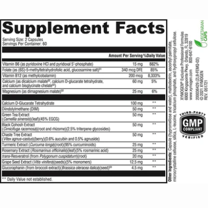 The Supplement Facts label for XYMOGEN®'s Femquil® 120 Capsules provides information on vitamin and ingredient amounts per 2-capsule serving. It emphasizes hormone balance with specific details on vitamins B6, B12, magnesium, DIM for estrogen detoxification, and green tea extract renowned for its antioxidant properties. Additionally, it includes the percentages of daily values for these ingredients.