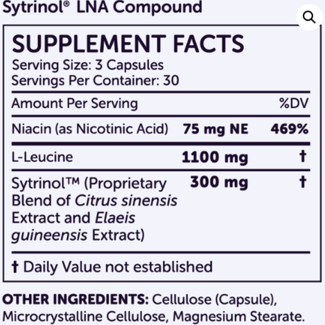 Supplement facts label for Nubio Age's Sytrinol LNA | 90 Caps. Supports metabolism and aids in managing dyslipidemia. Contains Niacin 75 mg NE, L-Leucine 1100 mg, and Sytrinol™ 300 mg. Other ingredients include cellulose and magnesium stearate.