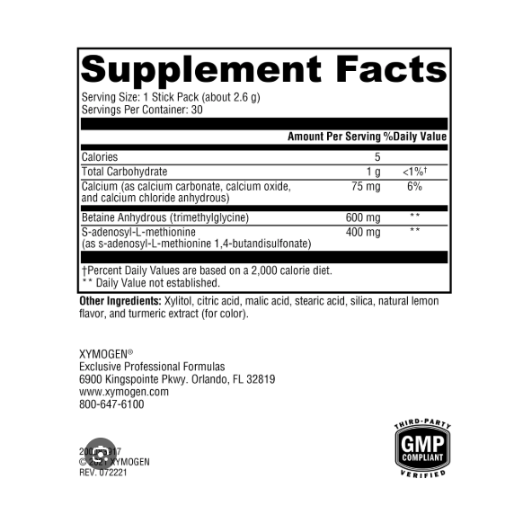 An image showing the supplement facts label for XYMOGEN®'s SAM-e & TMG Lemon 30 Servings dietary product, featuring nutritional information, ingredients such as TMG for enhanced methylation, along with manufacturing details and a GMP compliance mark.