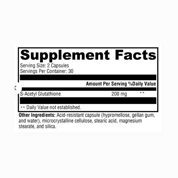 The Supplement Facts label for XYMOGEN® S-Acetyl Glutathione, 120 count, highlights 200 mg of S-Acetyl Glutathione per serving, formulated for digestive tract stability. It also contains hypromellose, gellan gum, microcrystalline cellulose, and silica as other ingredients.