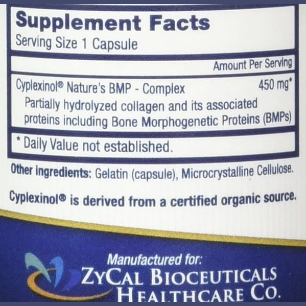Close-up of a supplement facts label for Ostinol Advanced 450, featuring ingredients such as hydrolyzed collagen and microcrystalline cellulose. Manufactured by ZyCal Bioceuticals, this supplement supports joint discomfort relief and promotes new bone tissue development.