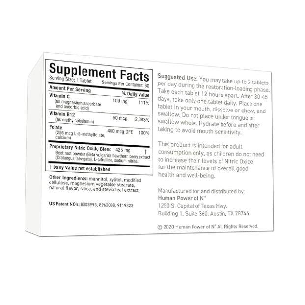 Explore the supplement facts label for Neo40 Professional, a quick-dissolve tablet from HumanN, which includes ingredients like Vitamin C, Vitamin B12, and a Proprietary Nitric Oxide Blend. Experience enhanced Nitric Oxide support with this product. The package also contains usage instructions and manufacturer details within its 60-tablet box.