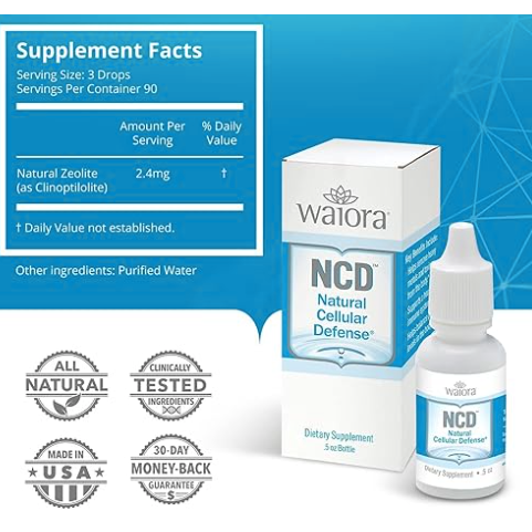 Image of a product display showcasing Waiora's NCD Zeolites dietary supplement, offering 2.4mg per serving and featuring Activated Zeolites for enhanced wellness support. The display highlights the supplement facts, certifications, and a 30-day money-back guarantee prominently.