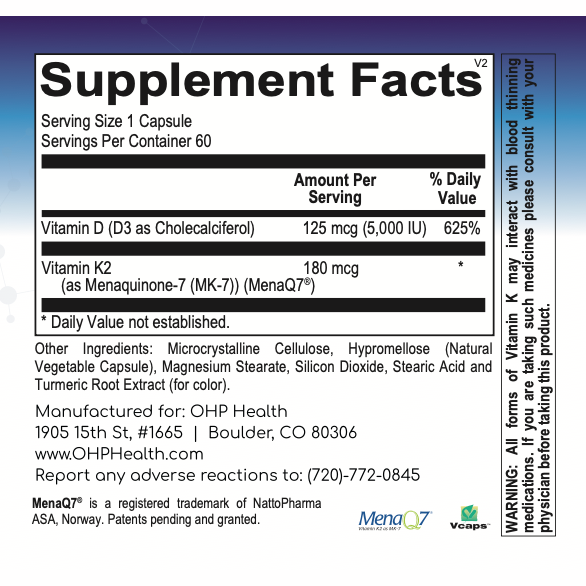 Product Description: The K2+D3 Vitamin from OHP Health is a 60-count supplement designed to support bone health and cardiovascular wellness. This supplement offers essential nutritional information, lists its ingredients, and provides manufacturer details. It includes a usage warning for your safety and contact information for any inquiries you may have.