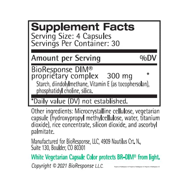 The supplement facts label for BioResponse DIM | 75mg (120ct) offers an in-depth overview of its intricate ingredients, with a focus on diindolylmethane for promoting estrogen balance. Additionally, it contains daily value information as well as details about the manufacturer and location.