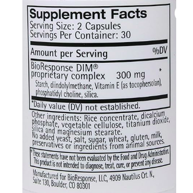 The Supplement Facts label for BioResponse's DIM | 150mg (60ct) features the ingredients in its proprietary complex, known for promoting estrogen balance, and includes Diindolylmethane. It also contains a disclaimer regarding FDA evaluation.