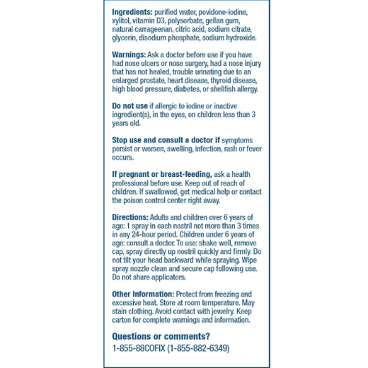 Image of a CofixRX™ Povidone–Iodine Antipathogen Nasal Spray label listing ingredients, including Povidone-Iodine, along with warnings, directions for proper use, and contact information for consumer inquiries.