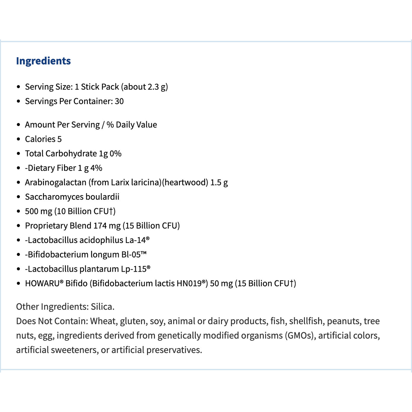 The ingredients list for ProbioMax® Plus DF 30 Servings from XYMOGEN® emphasizes the serving size, nutritional values, and a wide range of probiotic strains, including the beneficial Saccharomyces boulardii.