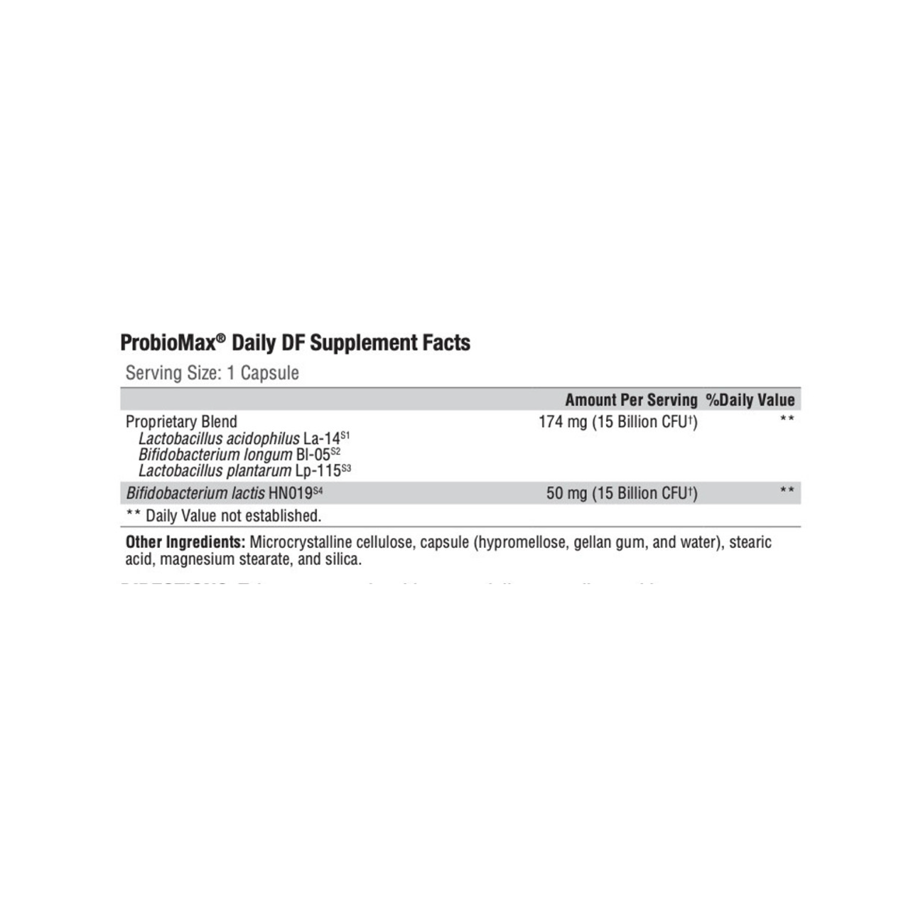 The Supplement Facts label for XYMOGEN®'s ProbioMax® Daily DF 30 Capsules highlights a unique proprietary probiotic blend, including Bifidobacterium lactis with designated CFU counts, as well as additional ingredients such as cellulose and stearate.