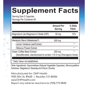 The Supplement Facts label for Ortho Molecular Products' Polyphenol CraveBlast (120 capsules) details magnesium and a metabolic blend with lemon verbena, hibiscus flower extract, and green coffee bean extract. Contact info included.