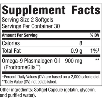Supplement facts label for ProdromeGlia Plasmalogen Supplement by Prodrome: 8 calories and 0.9g total fat per serving with two softgels per serving and 30 servings per container, designed to support glia membranes' health.