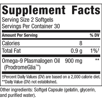 Supplement facts label for ProdromeGlia Plasmalogen Supplement by Prodrome: 8 calories and 0.9g total fat per serving with two softgels per serving and 30 servings per container, designed to support glia membranes' health.