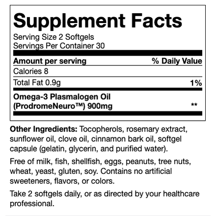 Check out the Supplement Facts for ProdromeNeuro Plasmalogen by Prodrome, featuring Omega-3 Plasmalogen Oil to support neuron membranes. Enhanced with rosemary extract and clove oil, these softgels are free of artificial additives, dairy, and nuts.