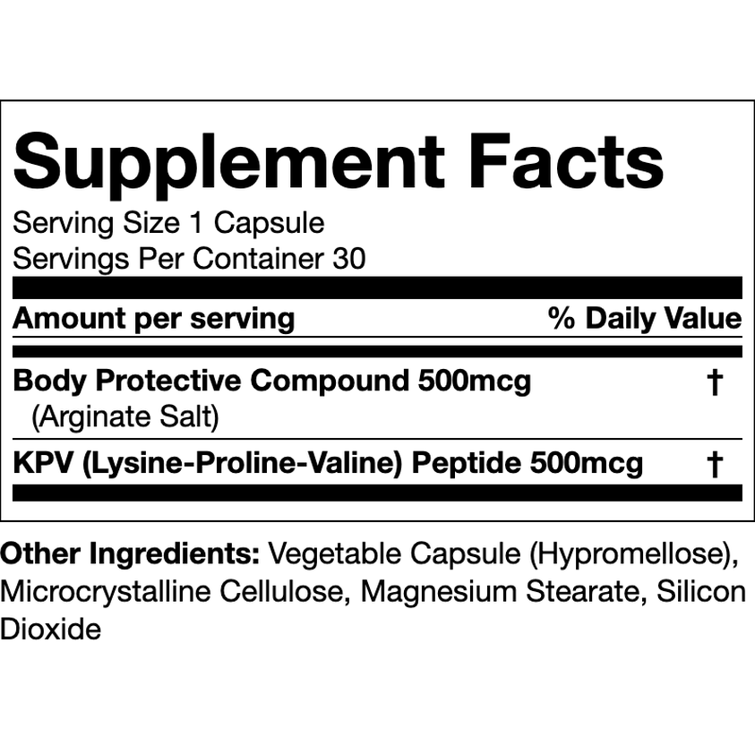 GUTTIDES™ by nuBioAge features a Supplement Facts label with Body Protective Compound 500mcg and KPV Peptide 500mcg per capsule, known for their anti-inflammatory benefits. Additional ingredients support gut health and immune response management.