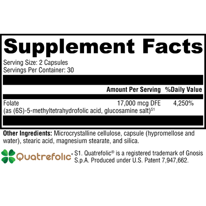 The 5-MTHF ES | 10mg by OHP Health contains capsules with a serving size of 2. Each serving provides 17,000 mcg DFE of folate at 4,250% Daily Value for optimal methylation support. Ingredients include microcrystalline cellulose, capsule, stearic acid, magnesium stearate, and silica.