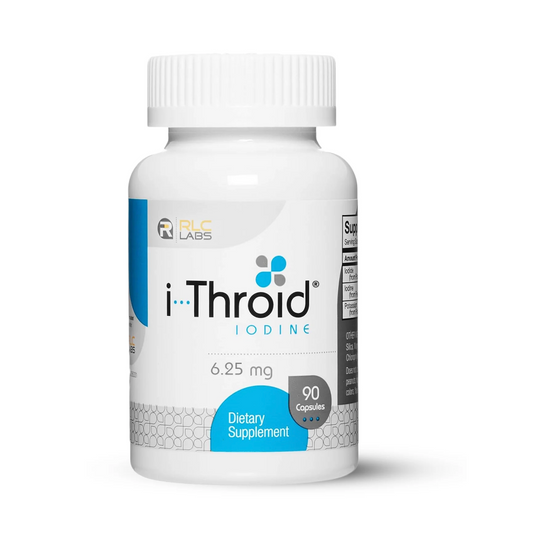 The i-Throid Iodine by RLC Labs comes in a 90-count bottle, with each capsule offering a 6.25 mg dosage. Against a plain white backdrop, it highlights its advanced role in thyroid treatment.