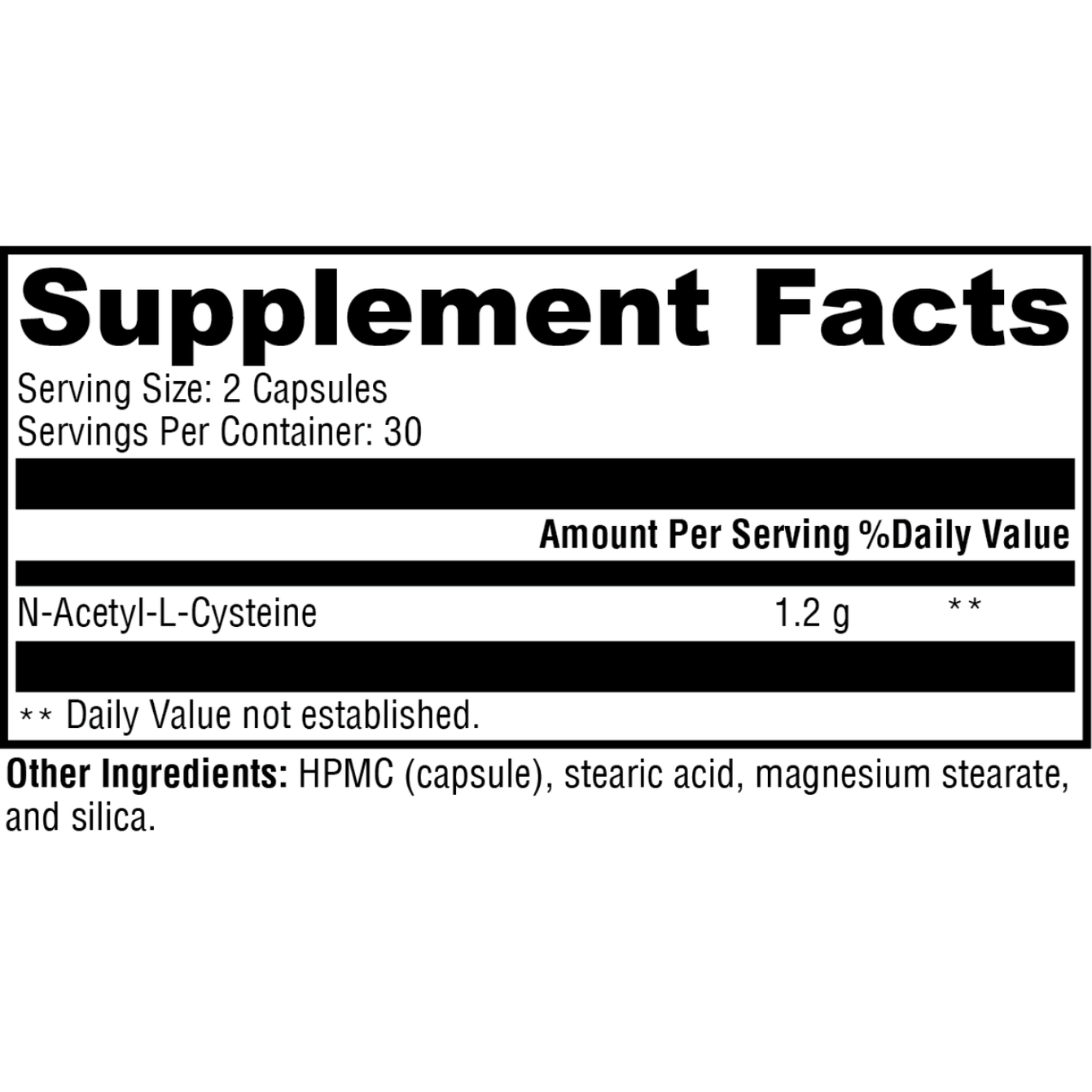The supplement facts label for OHP Health's NAC 1200mg (60 count) indicates a serving size of 2 capsules with 1.2g N-Acetyl-L-Cysteine, known to enhance antioxidant activity and glutathione levels, plus HPMC, stearic acid, magnesium stearate, and silica.