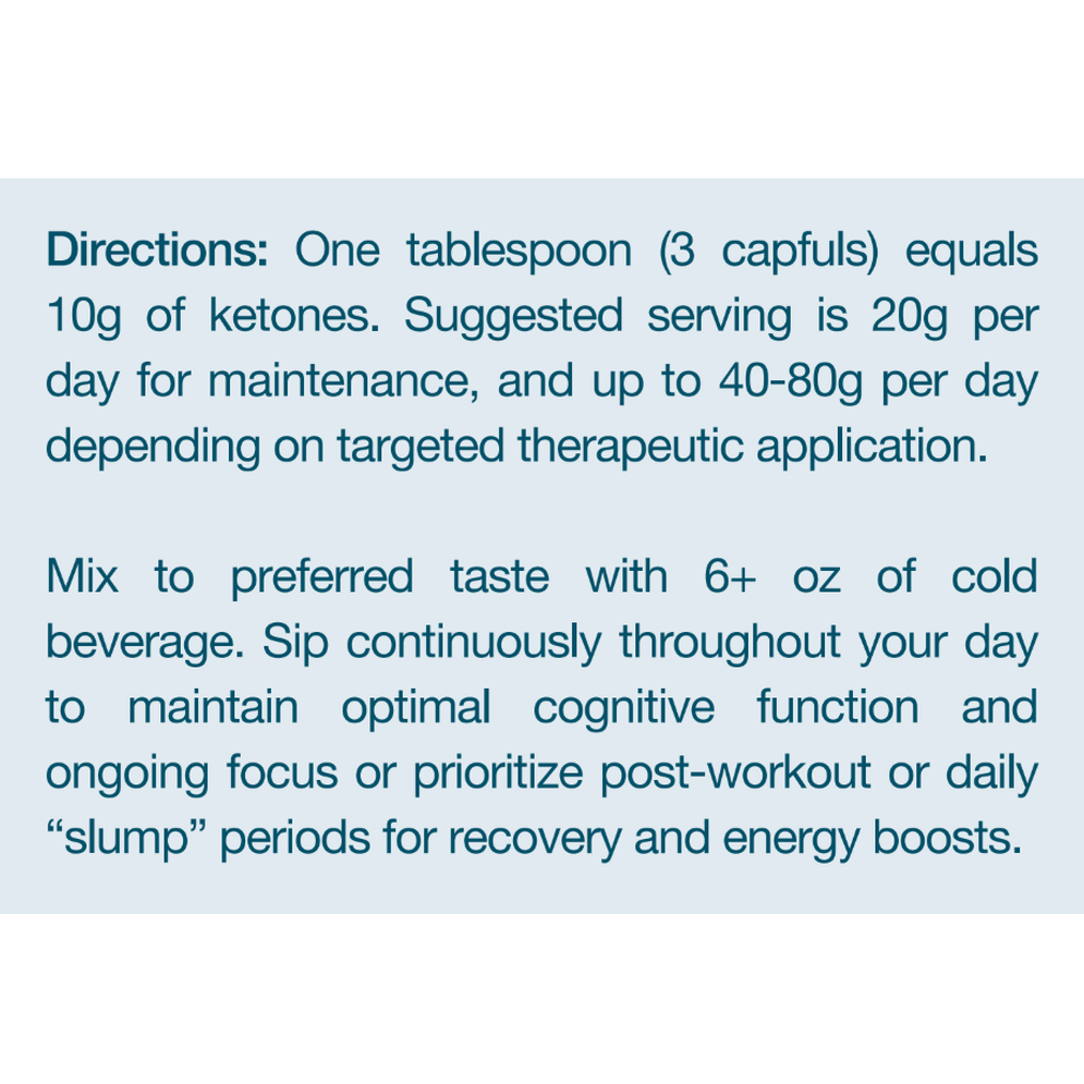 KenetikPro Ketone Concentrate by KenetikPro features text instructions on a blue background detailing bio-identical ketone dosage, serving and mixing directions, and its use as premium fuel for optimal cognitive performance or recovery.