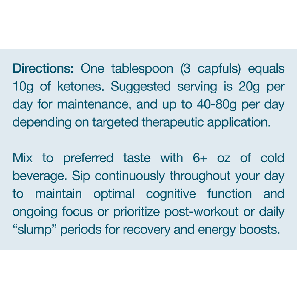 KenetikPro Ketone Concentrate by KenetikPro features text instructions on a blue background detailing bio-identical ketone dosage, serving and mixing directions, and its use as premium fuel for optimal cognitive performance or recovery.