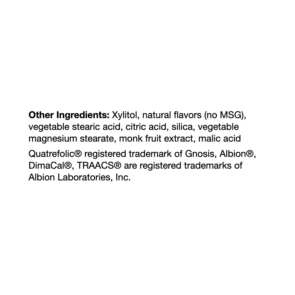 OHP Health Chewable Multivitamin (120 count) contains xylitol, natural flavors, vegetable stearic acid, citric acid, silica, monk fruit extract, malic acid, and registered trademarked ingredients.