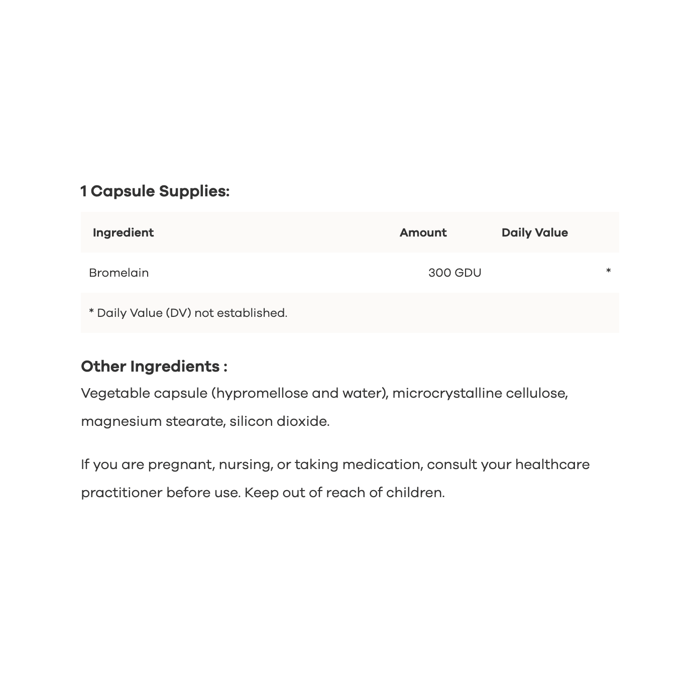 Table shows one capsule of NutriDyn Bromelain 1400 provides 300 GDU bromelain, a digestive enzyme supporting inflammation; daily value not established. See below for other ingredients and health warning.