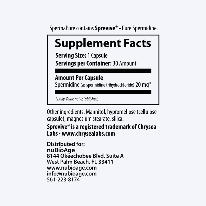 SpermaPure by nuBioAge: Supplement Facts label shows 20 mg spermidine per capsule from fermented wheat germ. Each bottle contains 30 capsules. Distributor contact info for nuBioAge, your longevity supplement source, is provided.