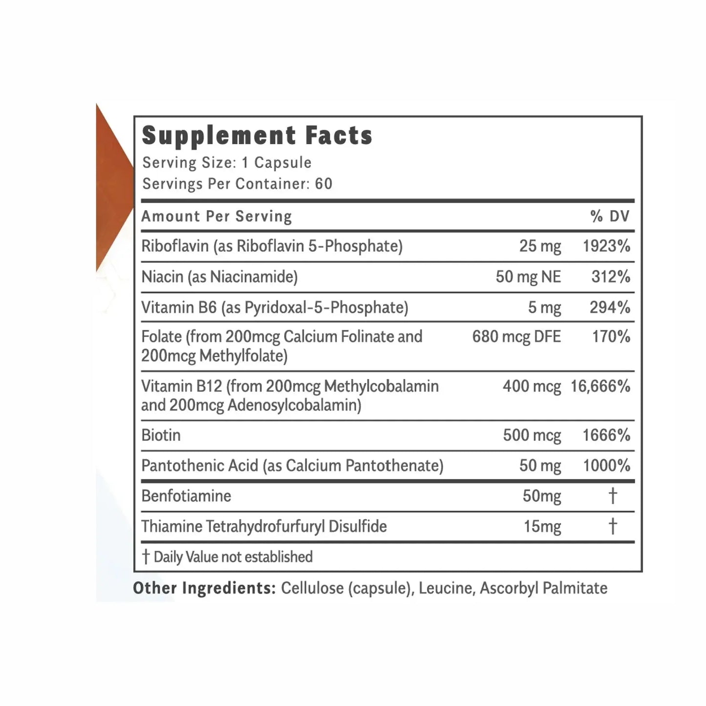 The ThiActive B supplement facts label by OHP Health shows daily values per capsule for B1, B2, B3, B6, methylated folate, B12, biotin, pantothenic acid, benfotiamine, and thiamine tetrahydrofuryl disulfide.