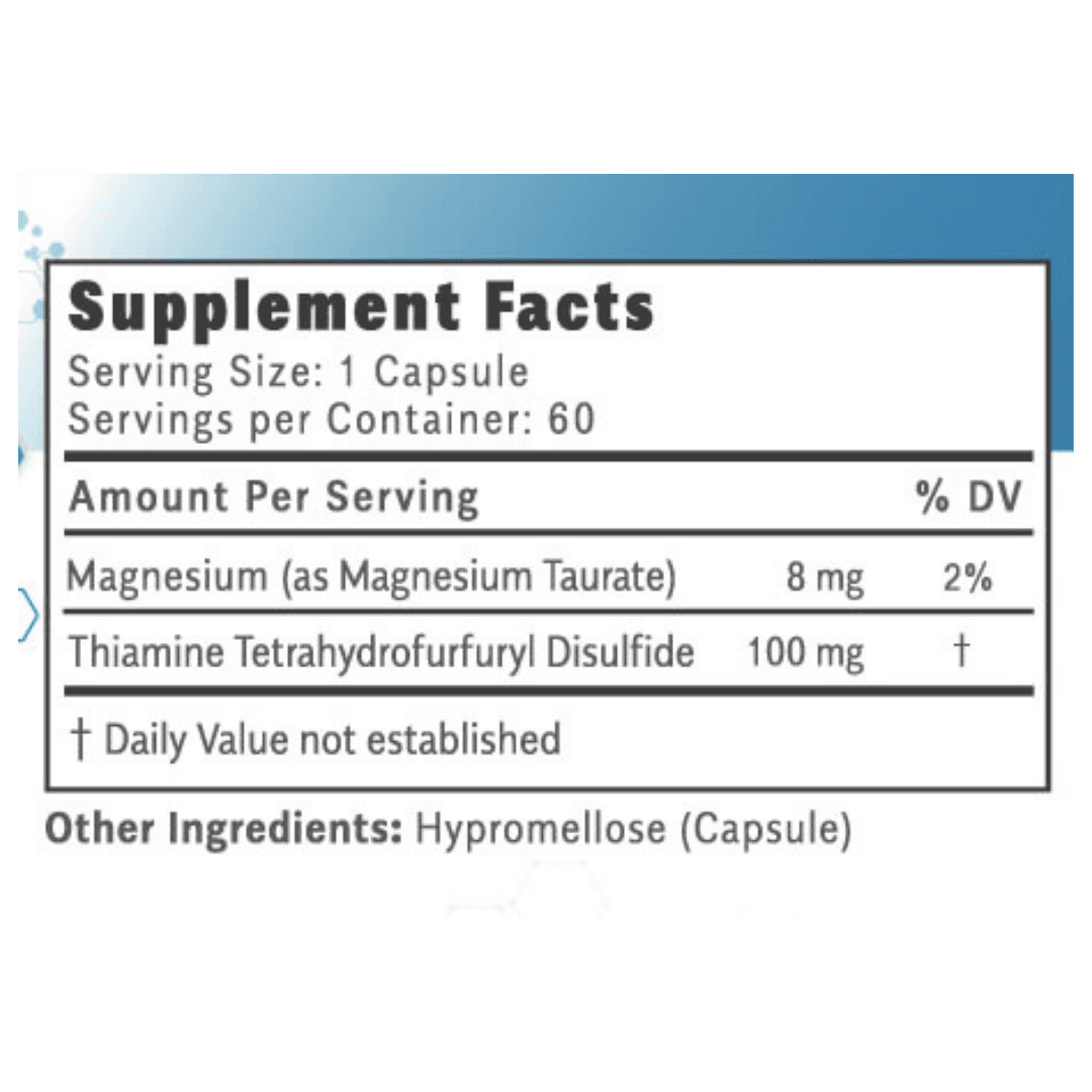 Thiamax by OHP Health provides 8 mg magnesium (as magnesium taurate) and 100 mg thiamine tetrahydrofurfuryl disulfide per capsule to support thiamine status; each bottle contains 60 capsules, with a serving size of 1 capsule.