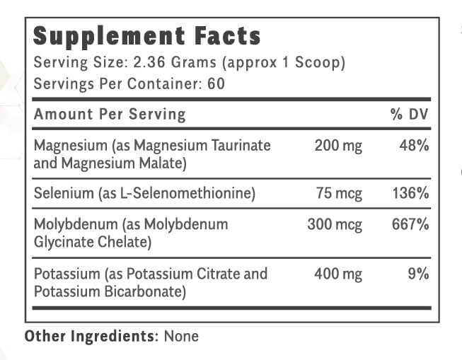 ThiAssist by OHP Health supplement facts label lists serving size, servings per container, and daily values per serving for magnesium, selenium, molybdenum, and potassium. No other ingredients are listed.
