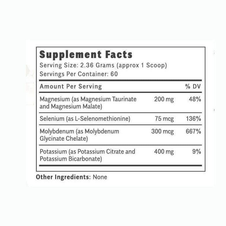 ThiAssist by OHP Health supplement facts label lists serving size, servings per container, and daily values per serving for magnesium, selenium, molybdenum, and potassium. No other ingredients are listed.