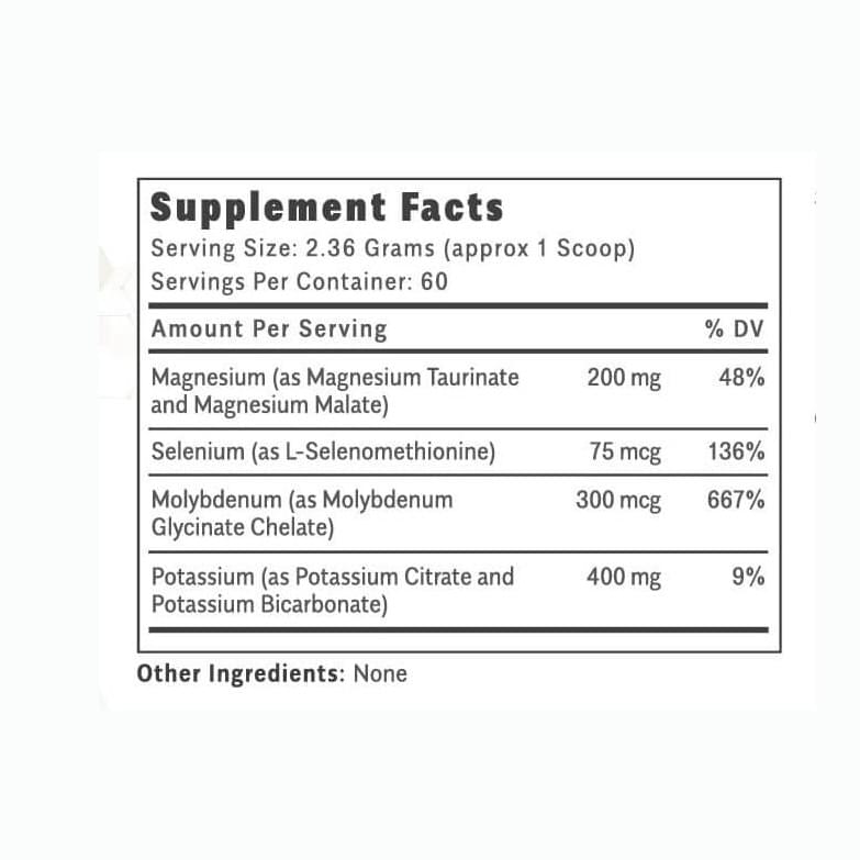 ThiAssist by OHP Health supplement facts label lists serving size, servings per container, and daily values per serving for magnesium, selenium, molybdenum, and potassium. No other ingredients are listed.