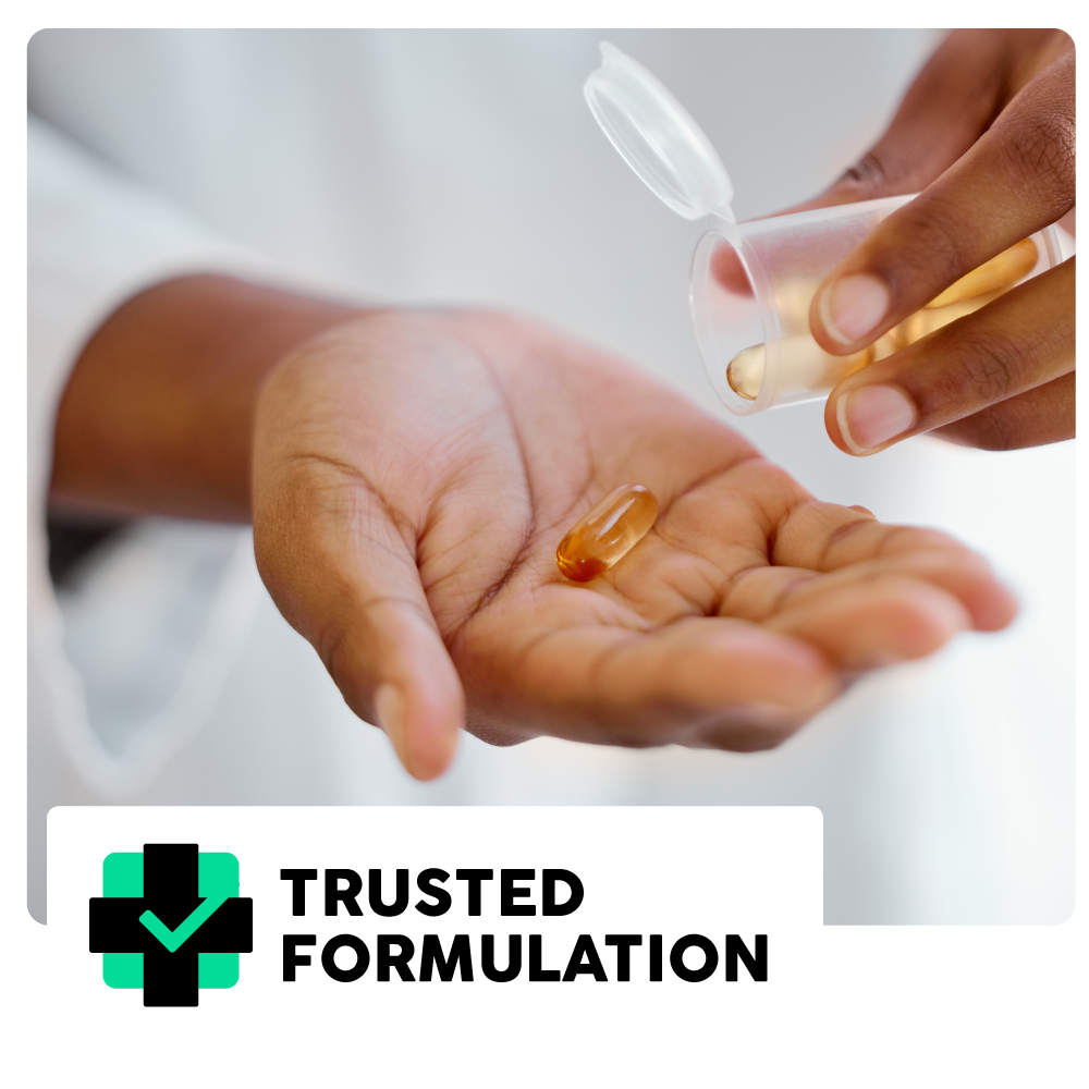 A person pours gel capsules from a container into their hand, with a "Trusted Formulation" label displayed in the corner.