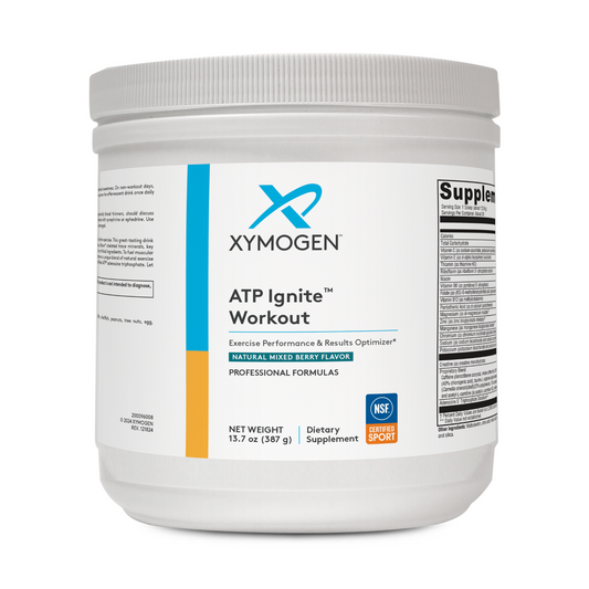 A white container of XYMOGEN® ATP Ignite™ Workout Mixed Berry (30 servings), a dietary supplement with bioactive B vitamins to support exercise performance.