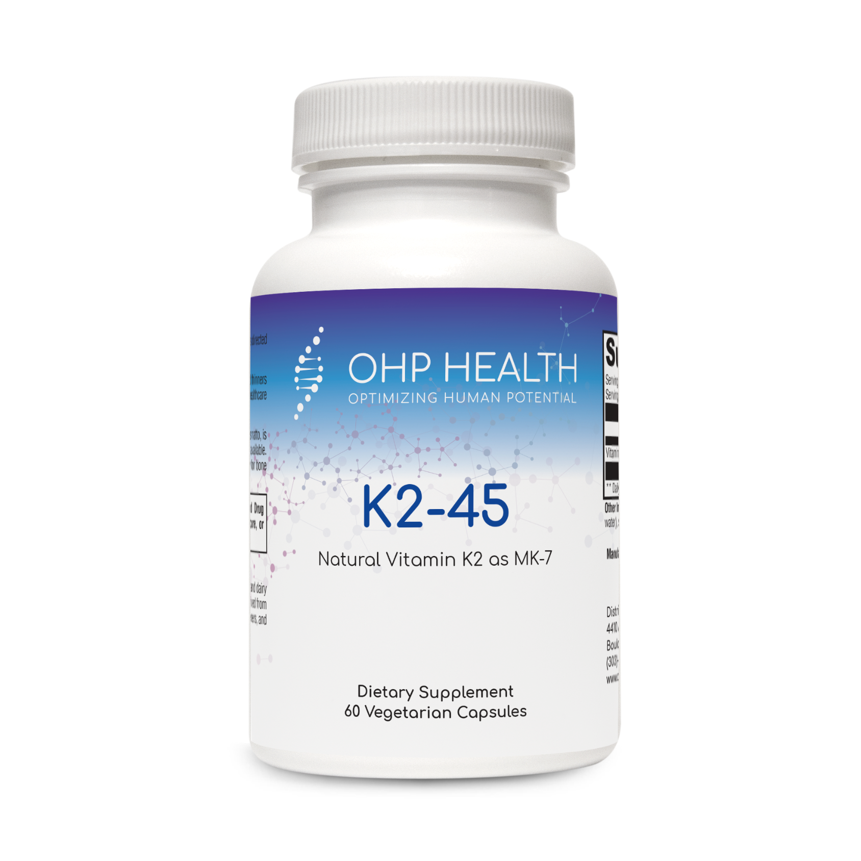 OHP Health's K2-45 supplement contains 60 vegetarian capsules, each featuring natural Vitamin K2 as menaquinone-7 to support bone and heart health.